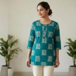Women's Short Kurti, Teal Green Block Print, Round Neck, 3/4 Sleeves, XL