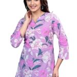 Women's Stylish 3/4 Sleeve Floral Printed Cotton Short Kurta Kurti Casual & Traditional Tunic to